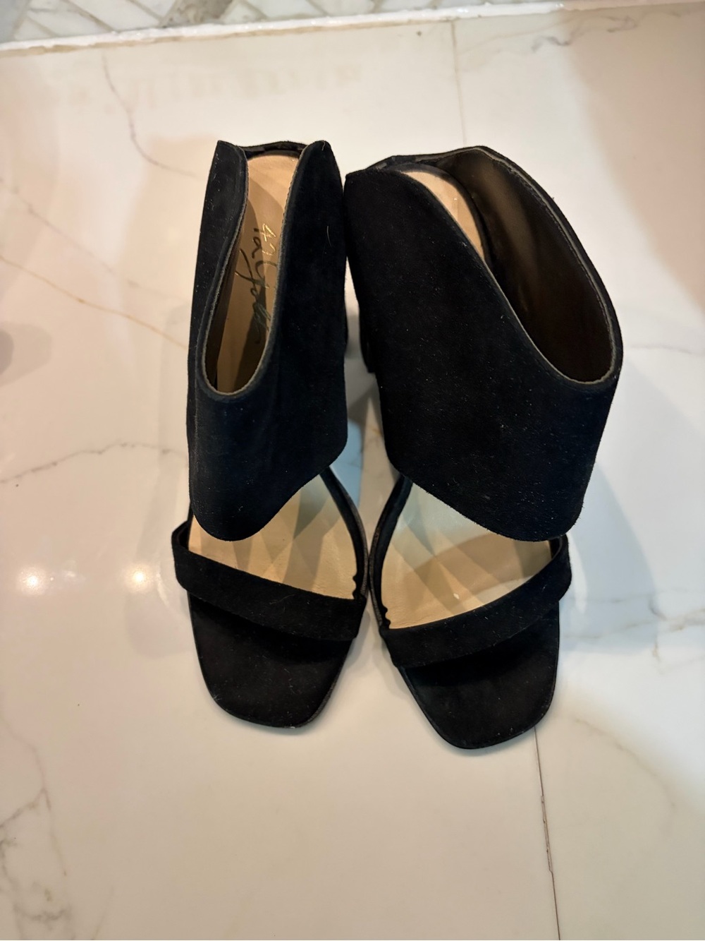 42 GOLD Black Suede Open-Front High Heel Sandals